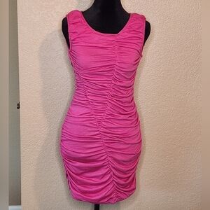 Vibrant Pink Sleeveless Dress Asymmetrical Ribbed Bodycon Size S